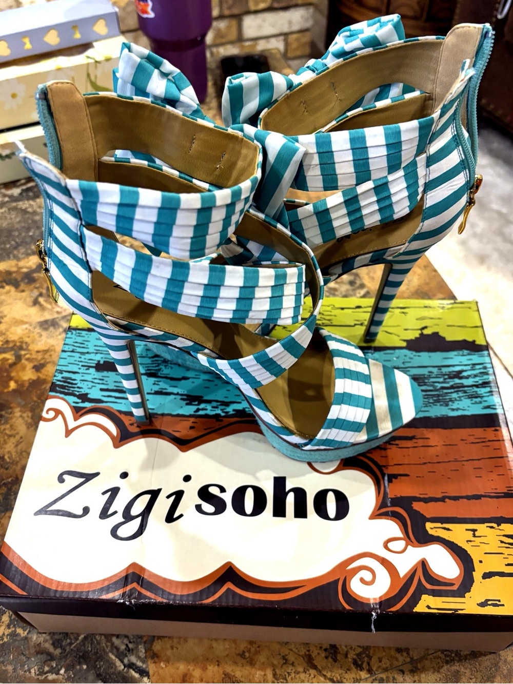 Zigi Soho Teal and White Striped Wrap Stiletto Sandals